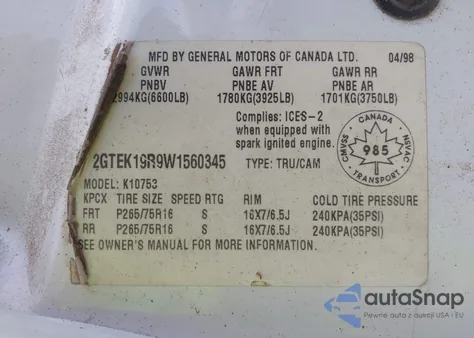 1998 GMC Sierra 1500 Sl Wideside/Sle Sportside из США, поврежденный, VIN 2GTEK19R9W1560345